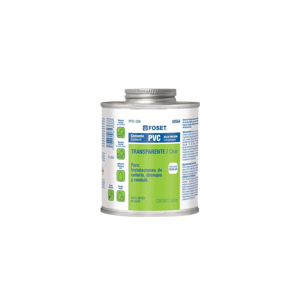 Cemento p/PVC, transparente, baja presión, lata 500ml, FOSET