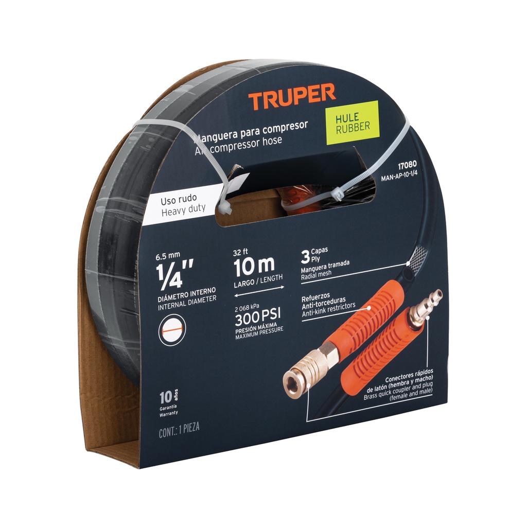 Manguera para compresor, de hule, 10m x 1/4', Truper