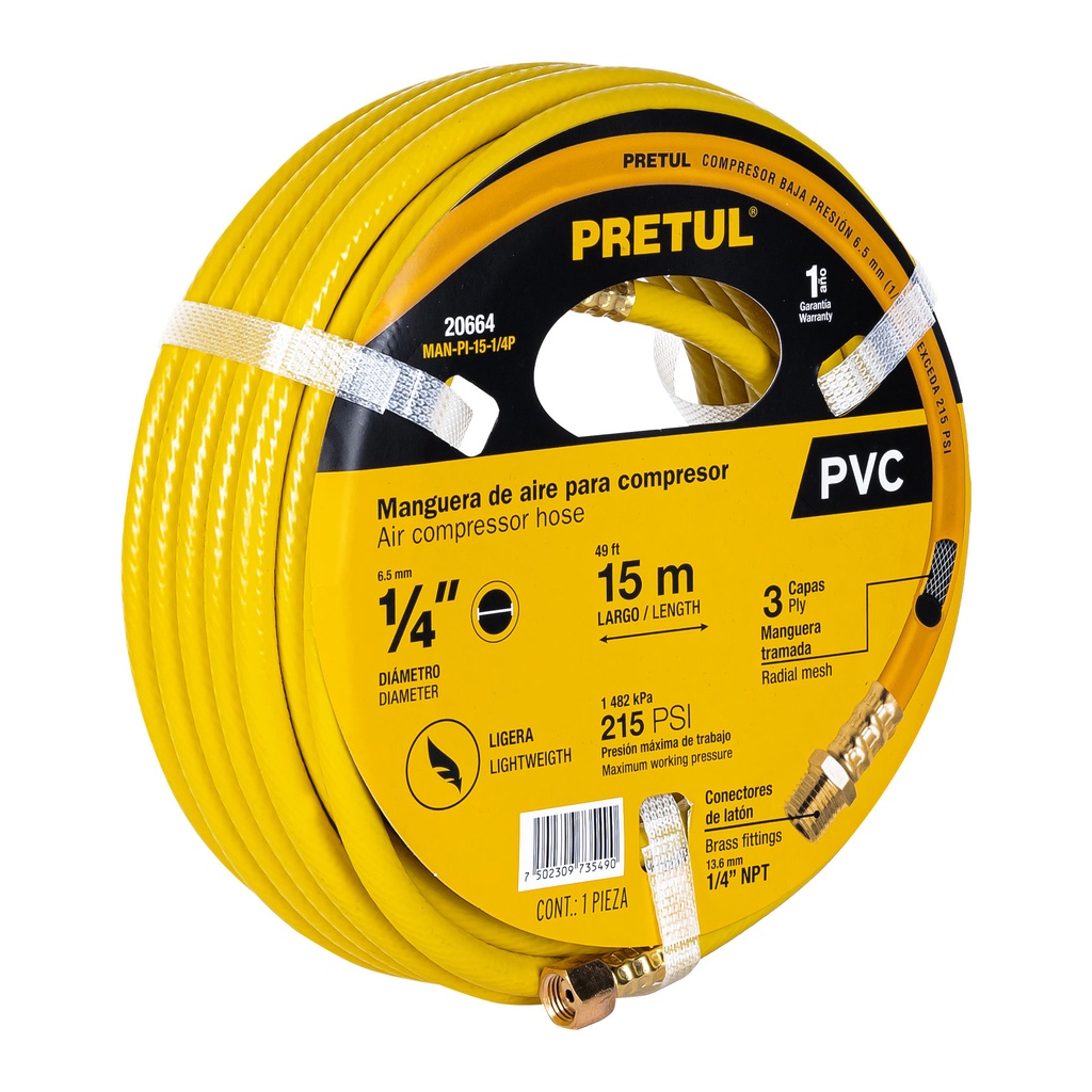 Manguera para compresor, de PVC, 15m x 1/4', Pretul